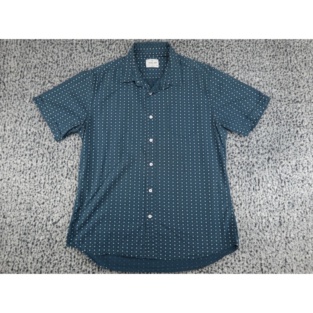 Level Ten Mens Large Blue Polka Dot Short Sleeve Button Down Shirt Cotton TDMK